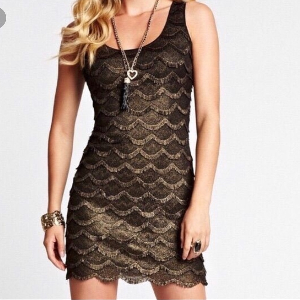 Guess black and gold metallic lace dress